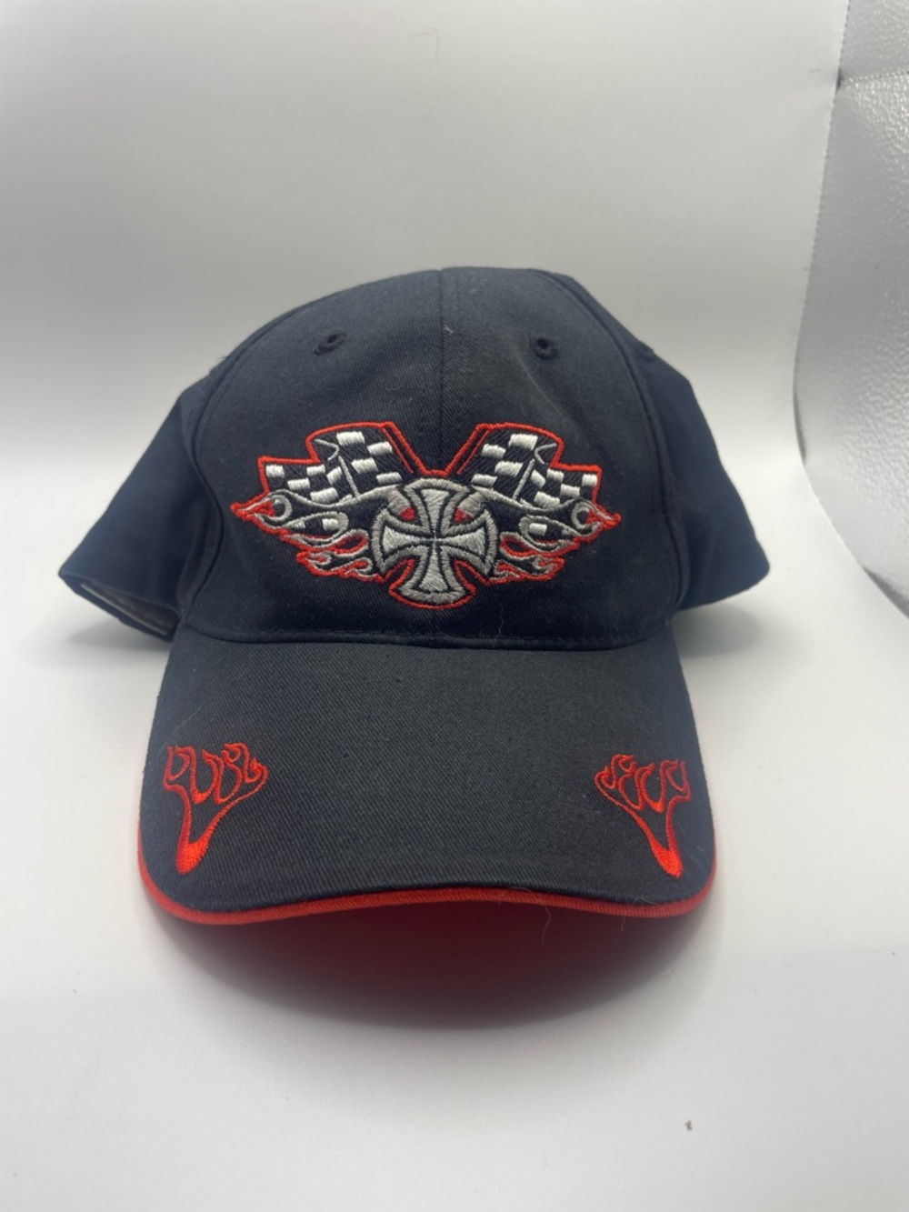Black Baseball Cap with Red Flame & Checkered Crest